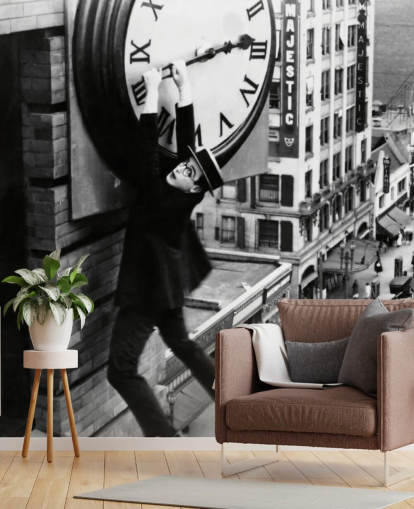 black and white silent movie wallpaper mural called Harold Lloyd (Safety Last!) for bedrooms, offices and businesses