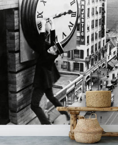 zwart-wit filmbehang met de naam Harold Lloyd (Safety Last!) voor slaapkamers, kantoren en bedrijven