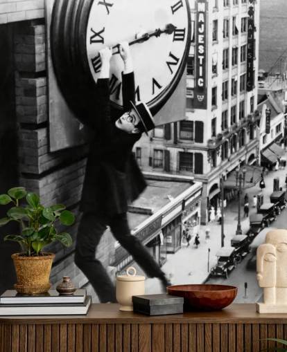mural de papel de parede de filme mudo em preto e branco chamado Harold Lloyd (Safety Last!) para quartos, escritórios e empresas