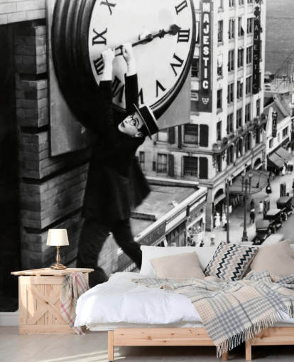 schwarz-weiße Stummfilm-Tapete mit dem Titel Harold Lloyd (Safety Last!) für Schlafzimmer, Büros und Geschäfte