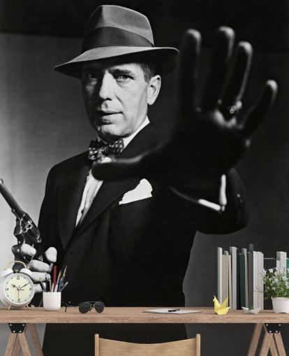 zwart-wit Humphrey Bogart muurschildering genaamd Humphrey Bogart (The Enforcer) voor slaapkamers en bioscoopzalen