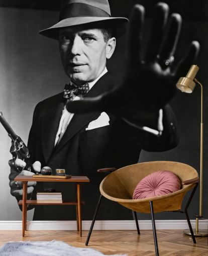 zwart-wit Humphrey Bogart muurschildering genaamd Humphrey Bogart (The Enforcer) voor slaapkamers en bioscoopzalen zwart-wit Humphrey Bogart muurschildering genaamd Humphrey Bogart (The Enforcer) voor slaapkamers en bioscoopzalen