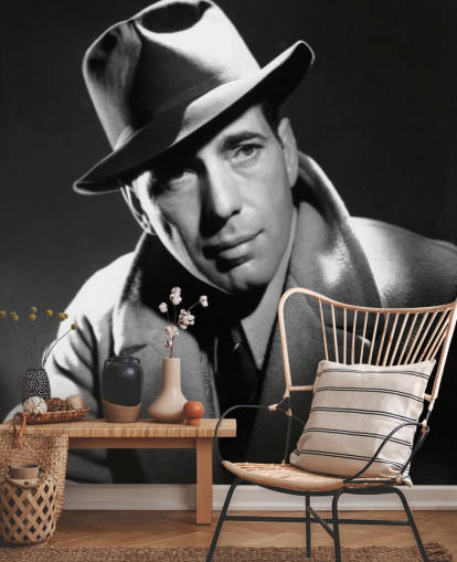 schwarz-weißes Hollywood-Tapeten-Wandbild namens Humphrey Bogart für Schlafzimmer, Kinoräume und Heimbüros schwarz-weißes Hollywood-Tapeten-Wandbild namens Humphrey Bogart für Schlafzimmer, Kinoräume und Heimbüros