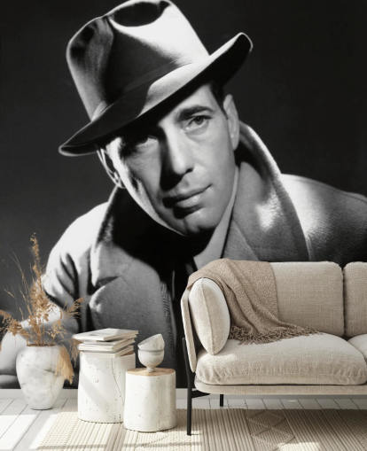 mural de papel pintado de Hollywood en blanco y negro llamado Humphrey Bogart para dormitorios, salas de cine y oficinas en casa