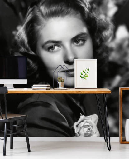 Schwarzweiß-Wandbild eines Filmstars namens Ingrid Bergman II für Privathaushalte und Unternehmen Schwarzweiß-Wandbild eines Filmstars namens Ingrid Bergman II für Privathaushalte und Unternehmen