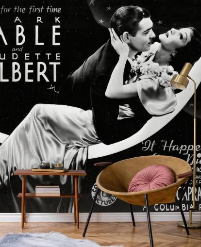 sort/hvidt klassisk filmtapet vægmaleri kaldet It Happened One Night til soveværelser, hjemmekontorer og biografrum