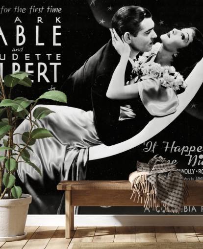 mural de papel de parede de filme clássico em preto e branco chamado It Happened One Night para quartos, escritórios domésticos e salas de cinema