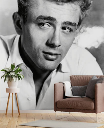 mustavalkoinen elokuvatapetti seinämaalaus nimeltä James Dean II makuuhuoneisiin, olohuoneisiin ja kotitoimistoihin