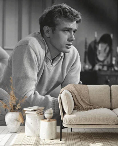 mustavalkoinen James Dean -taustakuva nimeltä James Dean (East of Eden) makuuhuoneisiin, elokuvateattereihin ja kotitoimistoihin