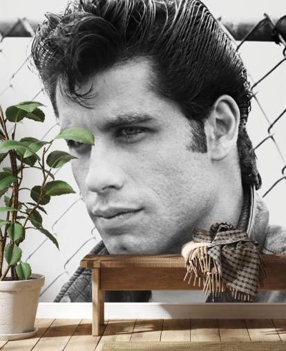 sort og hvidt fedt vægmaleri kaldet John Travolta (Grease) til soveværelser og stuer