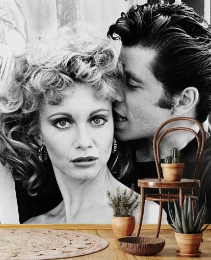 black and white grease wallpaper mural called Olivia Newton-John & John Travolta (Grease) II