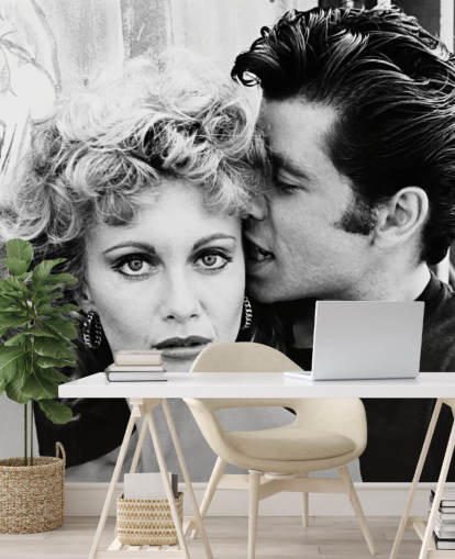 svart og hvitt fett tapet veggmaleri kalt Olivia Newton-John & John Travolta (Grease) II