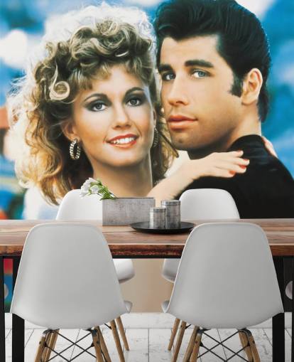 mural de papel de parede com graxa colorida chamado Olivia Newton-John & John Travolta (Grease) para quartos, escritórios e salas de cinema