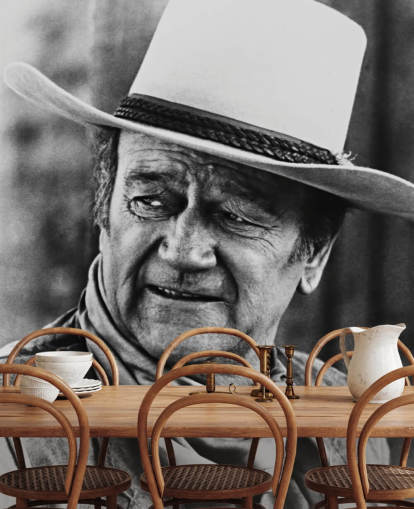 mural de papel pintado de películas del oeste en blanco y negro llamado John Wayne (Chisum) para dormitorios, salas de estar y oficinas en casa