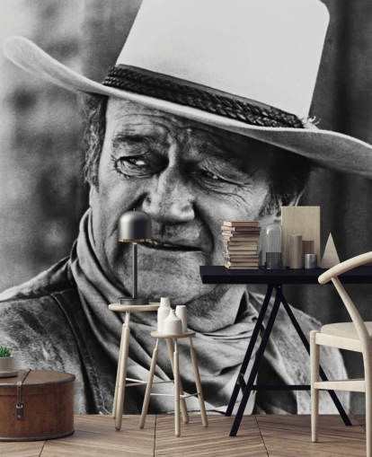 mustavalkoinen länsimaisen elokuvan taustakuvamaalaus nimeltä John Wayne (Chisum) makuuhuoneisiin, olohuoneisiin ja kotitoimistoihin