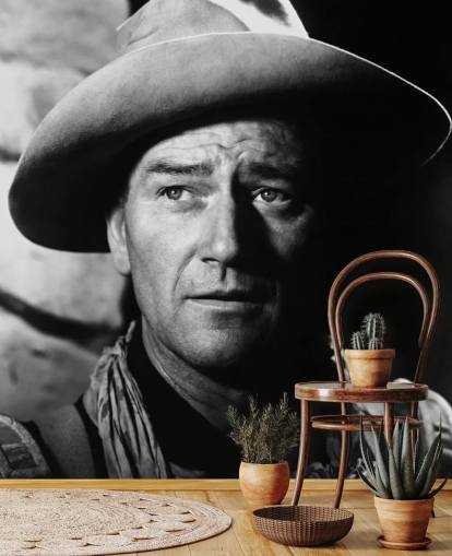zwart-wit john wayne muurschildering genaamd John Wayne (Fort Apache)