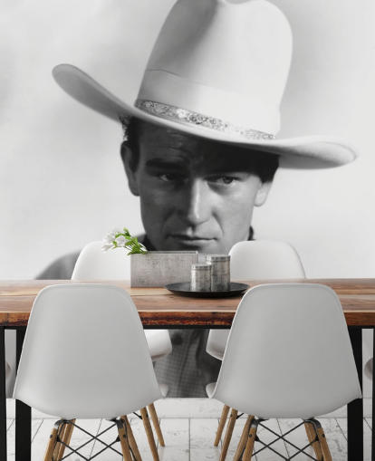 mustavalkoinen elokuvatapetti nimeltä John Wayne makuuhuoneisiin, kotitoimistoihin ja olohuoneisiin