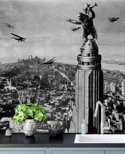 zwart-witte king kong behangmuurschildering genaamd King Kong II voor slaapkamers, bedrijven en thuiskantoren