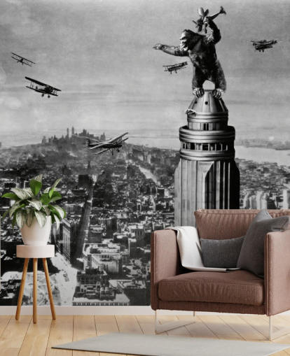 zwart-witte king kong behangmuurschildering genaamd King Kong II voor slaapkamers, bedrijven en thuiskantoren zwart-witte king kong behangmuurschildering genaamd King Kong II voor slaapkamers, bedrijven en thuiskantoren