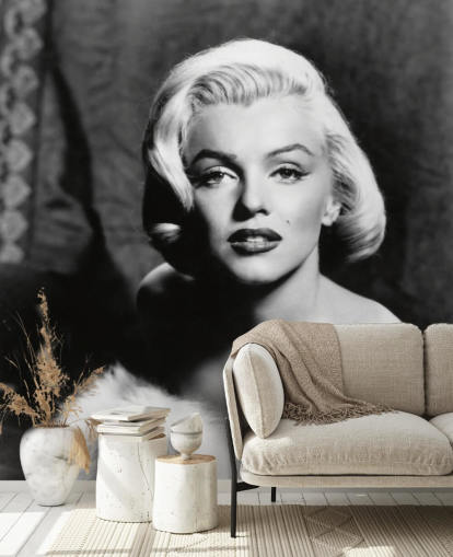 black and white classic movie wallpaper mural called Marilyn Monroe II for bedrooms and living rooms black and white classic movie wallpaper mural called Marilyn Monroe II for bedrooms and living rooms