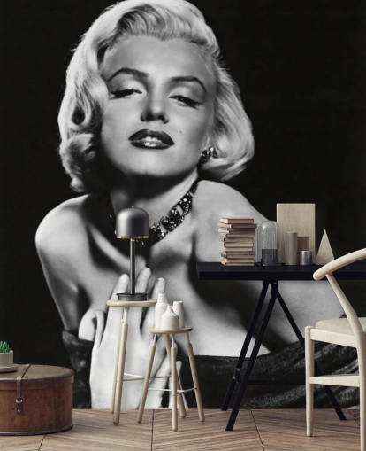 mural de papel pintado de Marilyn Monroe en blanco y negro llamado Marilyn Monroe (Cómo casarse con un millonario) para dormitorios, salas de estar y oficinas