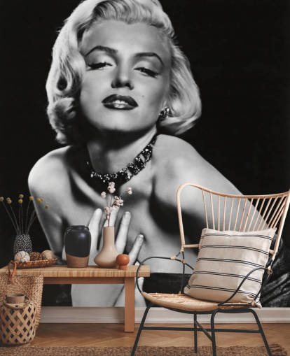 mural de papel pintado de Marilyn Monroe en blanco y negro llamado Marilyn Monroe (Cómo casarse con un millonario) para dormitorios, salas de estar y oficinas