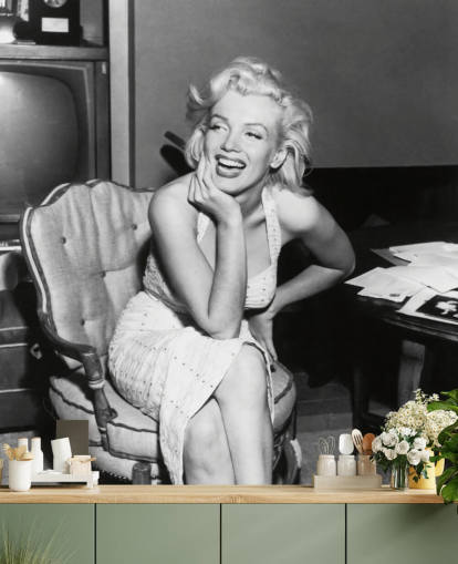 zwart-wit filmbehang muurschildering genaamd Marilyn Monroe voor slaapkamers, woonkamers en bioscoopzalen