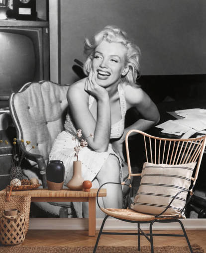 carta da parati murale in bianco e nero chiamata Marilyn Monroe per camere da letto, salotti e sale cinema