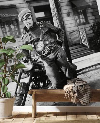 mural de papel pintado de película en blanco y negro llamado Marlon Brando II (The Wild One)