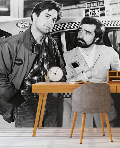 mustavalkoinen taksinkuljettajan taustakuva nimeltä Martin Scorsese & Robert De Niro (taksikuski)