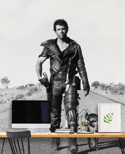 mustavalkoinen Mad Max -taustakuvamaalaus nimeltä Mad Max 2 Road Warrior makuuhuoneisiin, yrityksiin ja kotitoimistoihin