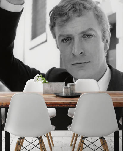 mustavalkoinen Alfie-elokuvan taustakuva nimeltä Michael Caine (Alfie) makuuhuoneisiin, kotitoimistoihin ja olohuoneisiin