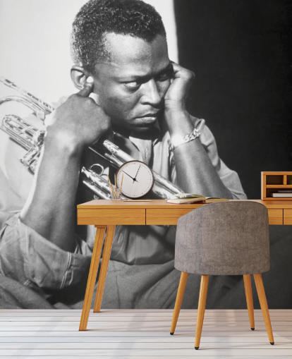 black and white jazz musician wallpaper mural called Miles Davis for clubs, venues and schools