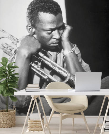 black and white jazz musician wallpaper mural called Miles Davis for clubs, venues and schools