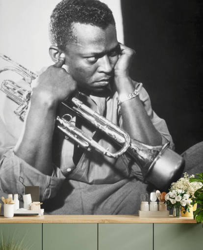 black and white jazz musician wallpaper mural called Miles Davis for clubs, venues and schools