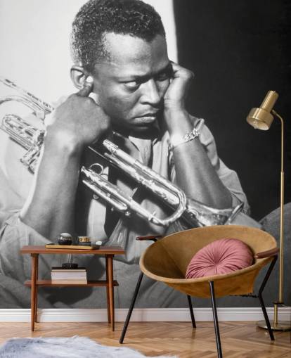 black and white jazz musician wallpaper mural called Miles Davis for clubs, venues and schools black and white jazz musician wallpaper mural called Miles Davis for clubs, venues and schools