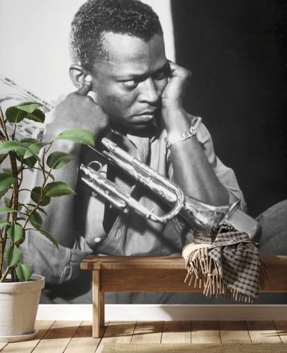 black and white jazz musician wallpaper mural called Miles Davis for clubs, venues and schools