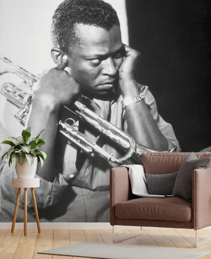 black and white jazz musician wallpaper mural called Miles Davis for clubs, venues and schools
