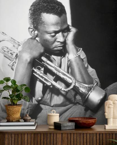 mural de papel pintado en blanco y negro de un músico de jazz llamado Miles Davis para clubes, locales y escuelas