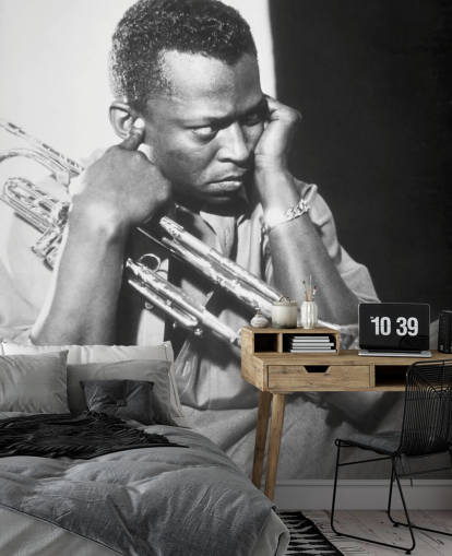 sort/hvid jazzmusiker tapetmaleri kaldet Miles Davis til klubber, spillesteder og skoler sort/hvid jazzmusiker tapetmaleri kaldet Miles Davis til klubber, spillesteder og skoler