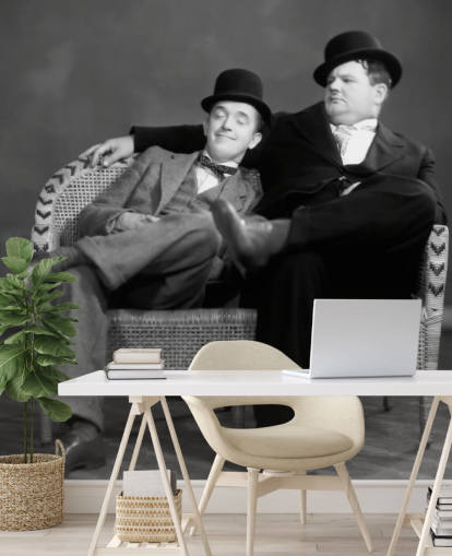 sort/hvidt klassisk filmtapet vægmaleri kaldet Laurel og Hardy II til hjem og virksomheder