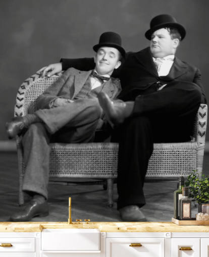 black and white classic movie wallpaper mural called Laurel and Hardy II for homes and businesses black and white classic movie wallpaper mural called Laurel and Hardy II for homes and businesses