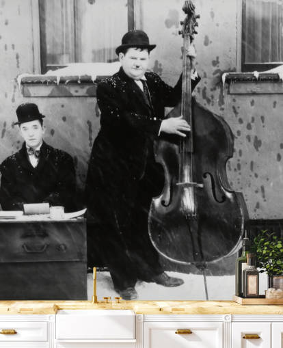 mustavalkoinen laakeri ja kestävä taustakuva nimeltä Laurel ja Hardy (nollan alapuolella)
