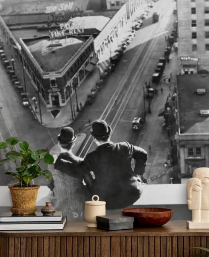 mural de papel pintado de laurel y Hardy en blanco y negro llamado Laurel and Hardy (Liberty) para oficinas y hogares
