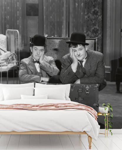 black and white laurel and hardy wallpaper mural called Laurel and Hardy (Pack Up Your Troubles) for offices and homes