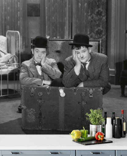 black and white laurel and hardy wallpaper mural called Laurel and Hardy (Pack Up Your Troubles) for offices and homes