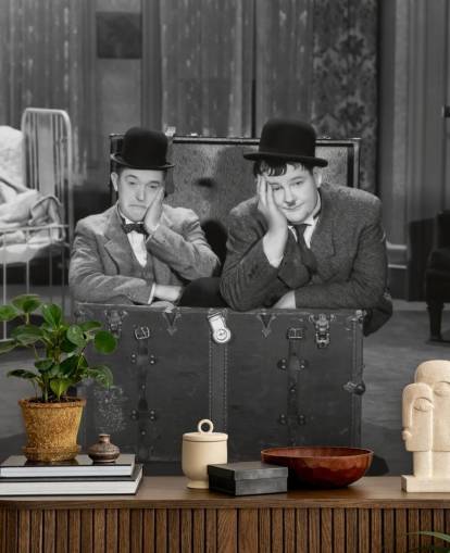sort og hvid laurbær og hårdfør tapetmaleri kaldet Laurel and Hardy (Pack Up Your Troubles) til kontorer og hjem