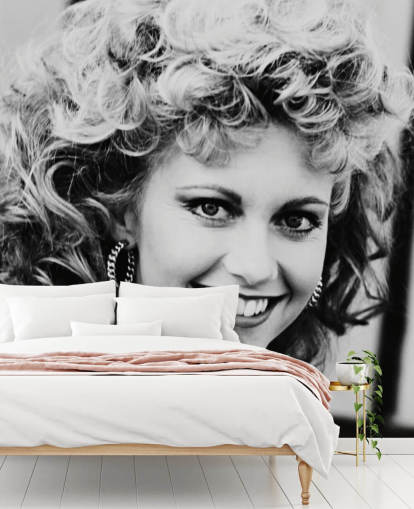 black and white grease wallpaper mural called Olivia Newton-John (Grease) for bedrooms and living rooms