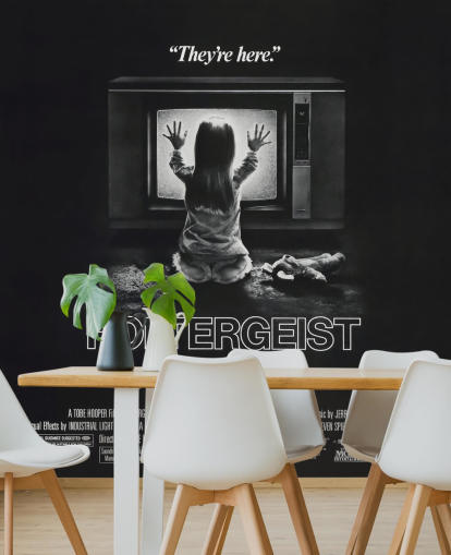papier peint d'affiche de film en noir et blanc appelé Poltergeist pour les chambres à coucher, les bureaux à domicile et les salons