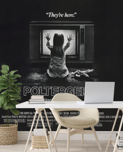 papier peint d'affiche de film en noir et blanc appelé Poltergeist pour les chambres à coucher, les bureaux à domicile et les salons